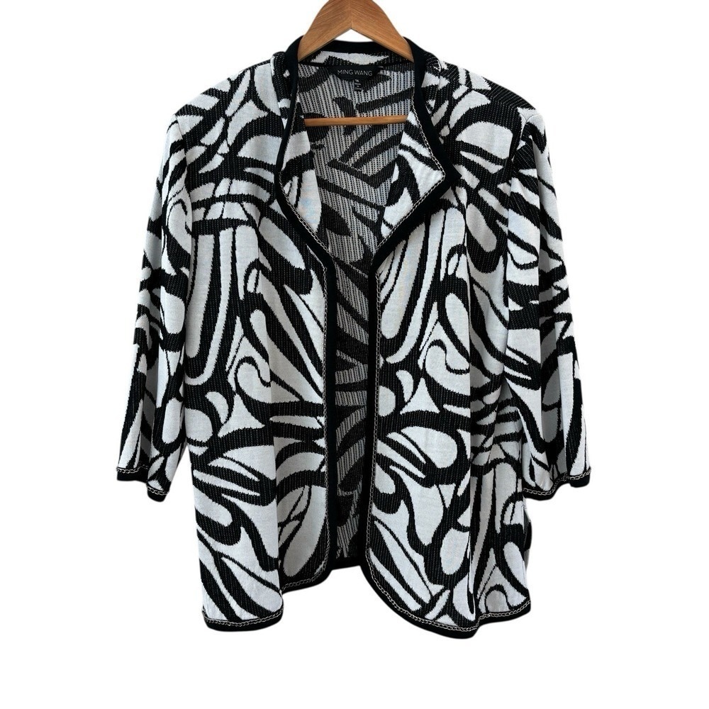 Ming Wang Geometric Open Front Cardigan Sweater Size 1X Abstract Black White